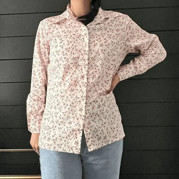 Vintage 1970s floral long sleeve button down blouse pretty secretary medium - Picture 4 of 9